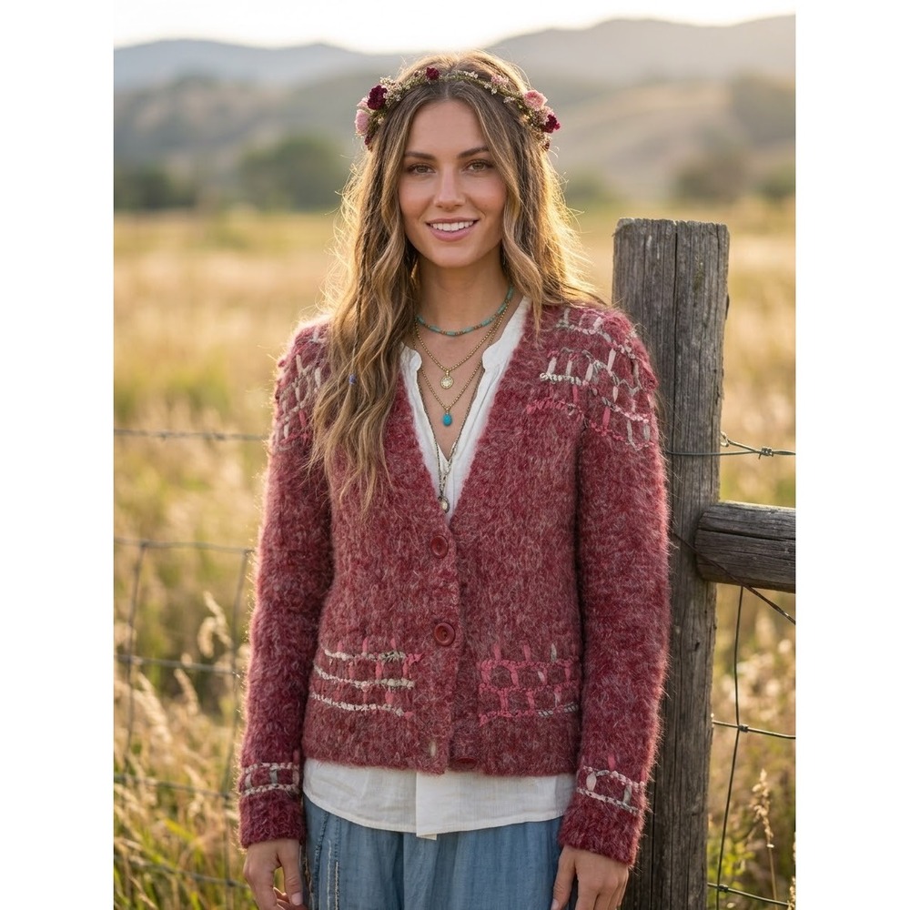 Vintage Cardigan M Raspberry Red Mohair Ribbon Weave 80s Art to Wear Boho